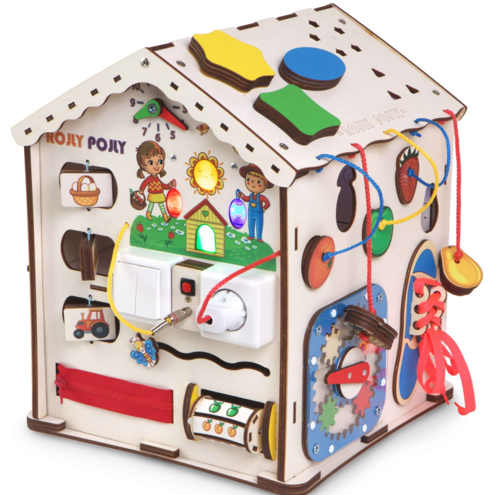 Деревянная игрушка Jolly Kids Бизиборд Развивающий домик со светом Веселая Ферма