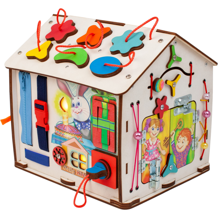 Деревянная игрушка Jolly Kids Бизиборд Домик со светом Зайка