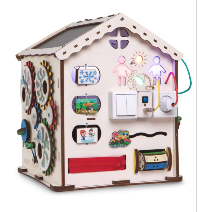 Деревянная игрушка Jolly Kids Бизиборд Развивающий домик со светом