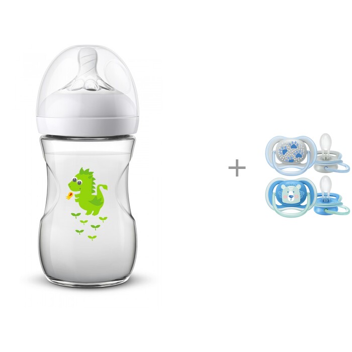 фото Бутылочка philips avent natural дракончик медленный поток с 1 мес. 260 мл и пустышка ultra air 6-18 мес. 2 шт.