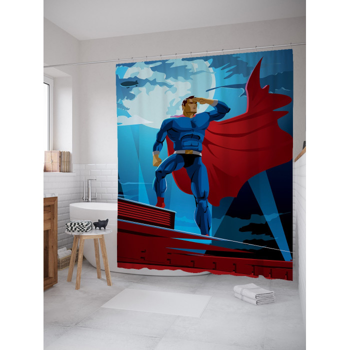фото Joyarty штора занавеска для ванной супермен в прожекторах из сатена 180х200 см с крючками