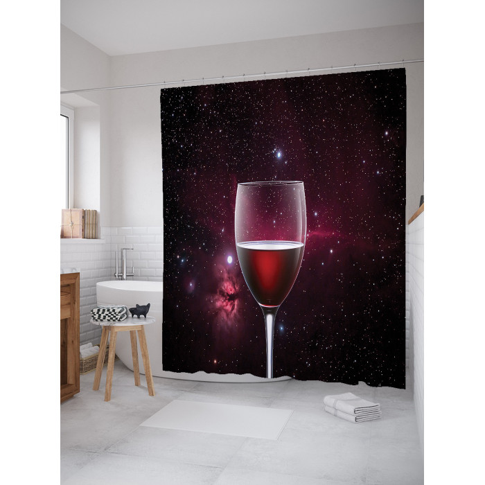 фото Joyarty штора занавеска для ванной бокал вина в космосе из сатена 180х200 см с крючками