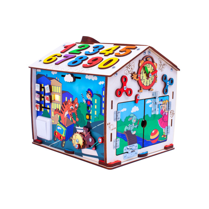 фото Деревянная игрушка iwoodplay бизиборд домик со светом мишка 34x31x31 см