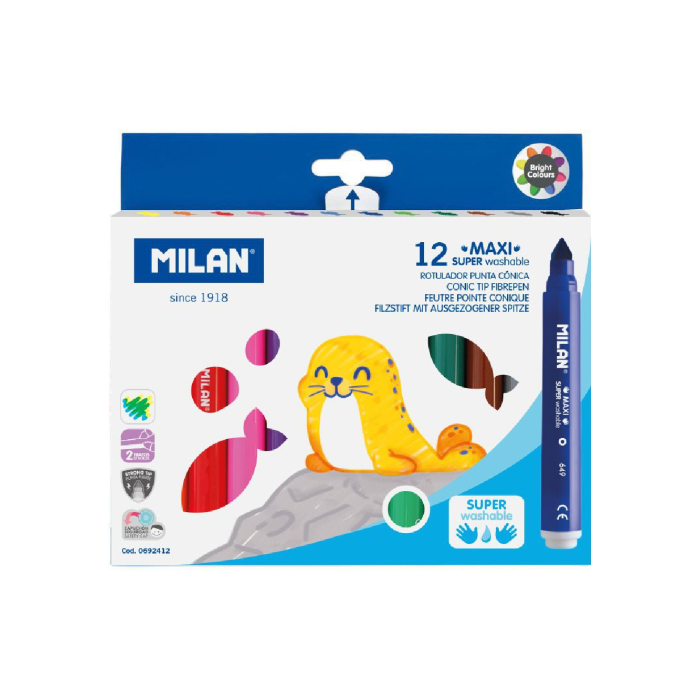 Фломастеры Milan на водной основе легкосмываемые Maxi 12 цветов в картонной упаковке