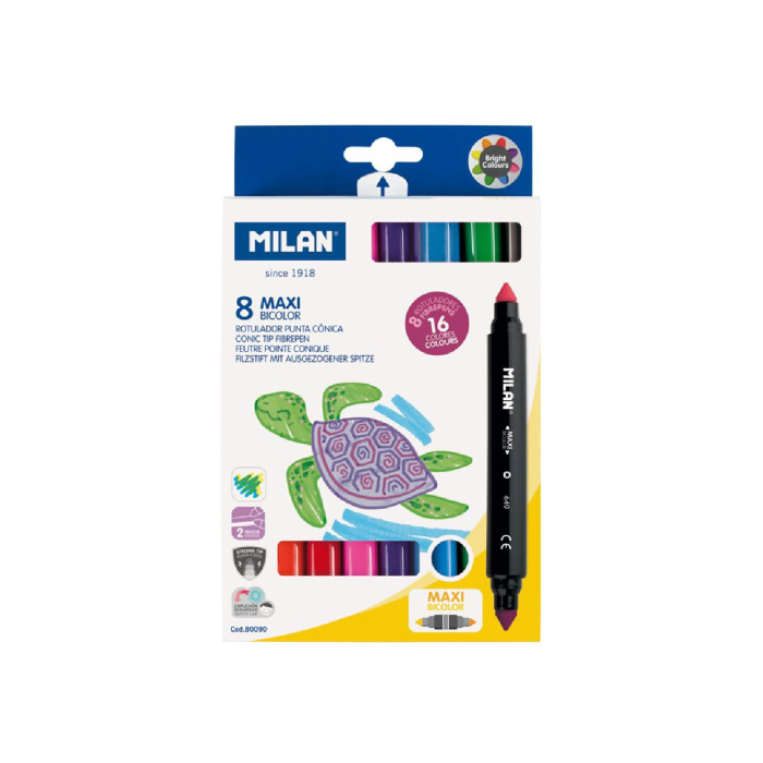Фломастеры Milan на водной основе двусторонние Maxi 16 цветов в картонной упаковке 8 шт.