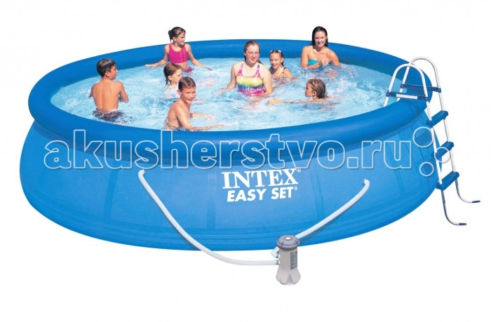 Бассейн Intex Easy Set 457х107 см с фильтром и скиммеромEasy Set 457х107 см с фильтром и скиммером Бассейн Intex Easy Set 457х107 см с фильтром и скиммеромEasy Set 457х107 см с фильтром и скиммеромНадувной бассейн Intex Easy Set обладает двумя важными качествами: простотой конструкции и лёгким весом. В верхней части предусмотрено надувное кольцо, которое по мере наполнения бассейна водой, поднимает и расправляет стенки, обеспечивая необходимую устойчивость. Всего 10 минут потребуется на установку конструкции. Технология Super-Touch (сочетание винила и полиэстра), используемая в производстве, наделяет материал тройной прочностью, стойкостью к ударам, воздействию солнечного света, растягиваниям и стираниям. Надувные бассейны, за счет отсутствия металлического каркаса, удобны в хранении и в сложенном виде не займут много места. Модель оснащена клапаном для удобства слива воды и разъемами для подключения фильтрующих и хлорирующих устройств. Бассейн с фильтрующим насосом для очистки воды 220V. Фильтрующий насос обеспечивает очистку воды и редкую ее замену (1 раз в месяц). Также в комплекте лестница высотой 107 см, тент для бассейна, подстилка под бассейн, набор для чистки, скиммер. В комплекте также идет ремкомплект. С его помощью вы сможете устранить самостоятельно какие-либо механические повреждения на изделии, приобретенные в ходе его использования. Размер: 457х107 см. Вместимость бассейна: 12430 л. Производительность насоса: 3785 л/ч. Вес: 44 кг.<br>