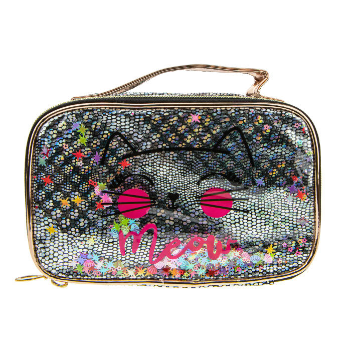 Lukky Косметичка-кейс Кошка с подвижными пайетками серебристая 21х13х12 см