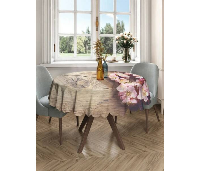 фото Joyarty круглая скатерть на кухонный и праздничный стол цветки вишни 150x150 см