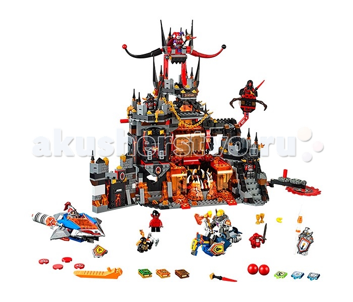 Конструктор Lego Нексо Логово ДжестроНексо Логово Джестро Конструктор Lego Нексо Логово ДжестроНексо Логово ДжестроLego Nexo Knights Нексо Логово Джестро состоит из 1186 деталей, 8 минифигурок, 2 шустрика, Книга Монстров, множество игровых функции, интересных деталей и полезных аксессуаров. Приключения наших героев близятся к завершению. Коварный шут Джестро со своими приспешниками скрывается в своём логове, расположенном в жерле вулкана. Арьергард армии Найтонии приступает к осаде замка. Первыми подножия его стен достигли: Мэйси, Аксель и Ланс. Кто из них окажется проворнее? Что окажется сильнее: булава, топор или копьё? Всё в Ваших руках. В набор входят два летательных аппарата Нексо рыцарей: ховерцикл-скакун и истребитель Мэйси (вооружён флик-ракетами и мощной пушкой). Господство в воздухе завоёвано! Логово Джестро представляет собой крепость, состоящую из 2-х строений: одноэтажного слева и четырёхэтажного в центральной части. Начнём с маленькой постройки: она представляет из себя кусок крепостной стены, украшенной подтёками лавы и площадкой для воинов с зубцами сверху. В нижней части спрятана оружейная комната. Стильно и со вкусом, как говорится. Центральное здание гораздо интереснее, ведь именно здесь размещены интересные объекты и игровые функции. Снимаем шляпу перед дизайнерами Лего, на этот раз они превзошли сами себя. Центральное крыло логова выглядит так, как будто по нему стекает поток лавы. В центре первого этажа расположена клыкастая вращающаяся пасть монстра, куда сбрасывают всех неугодных Джестро. Справа находится лестница, ведущая на вершину замка, слева – башня. На лестнице установлена первая ловушка для штурмующих – огромная дисковая пила, которая вращается. Под лестницей находится камера узников, которой Мэйси может снести одну из стен мощным ударом булавой. Чуть выше лестничной площадки между первым и вторым этажом на специальной подвижной штанге установлено гнездо с дискометом, который может вести огонь по ведущим приступ рыцарям. На следующем этаже нас ждёт развилка между подъёмом к цитадели с троном Джестро (соответствующая табличка прилагается) и выход на площадку сторожевой башни с «эшафотом». Ставите минифигурку на площадку, вытягиваете рычаг и жертва уже в пасти монстра. Будьте осторожны — трон Джестро не только великолепно выглядит внешне, но и может летать. Не дайте ему ускользнуть. Описывать внутренние помещения Логова Джестро очень долго, оставим это для обзора, посвященному этому набору. Упомянем лишь, что внутри Вы найдёте и тронный зал и даже ванную! Теперь подробнее о составе команды злодеев, которые представляют абсолютное большинство минифигурок в наборе. В обороне замка участвуют следующие действующие лица: Коварный и ужасный Шут Джестро и его посох. 2 пепельных охотника — рядовые бойцы армии. Два прикольных монстрика-шустрика: чёрный и красный. Три таинственных фолианта, один из которых явно Книга Монстров. Страшный и ужасный Библиотекарь с невероятно стильной прической. Лавария — главная добытчица информации (aka шпионка) армии Джестро. Также в наборе содержится аж 6 Нексо-сил, которые точно пригодятся тем, кто играет в мобильное приложение.<br>