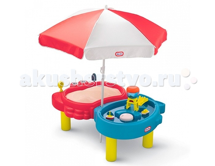 Little Tikes Стол-песочница с зонтомСтол-песочница с зонтом Little Tikes Стол-песочница с зонтомСтол-песочница с зонтомСтол-песочница с зонтом Стол прекрасно подходит для игры на воздухе в весенне-летний период, большой зонт надежно защитит малыша от палящего солнца в жаркие летние дни. Стол состоит из двух игровых зон: 1-я - предназначена для воды, для более увлекательной игры к ней прилагается водная мельница, 2 лодочки, мост. 2-я - предназначена для песка, вмещает до 23 кг, к ней прилагается совок и ситечко. В комплект входят 2 крышки, которые надежно защитят стол от дождя, пыли, домашних животных При изготовлении стола применяется метод центробежного литья, что позволяет сделать его ударопрочным и устойчивым к перепадам температур. Выдерживает температуру до -18С. Размеры стола в собранном виде: 120 х 83 х 48 см (длина, ширина, высота)<br>