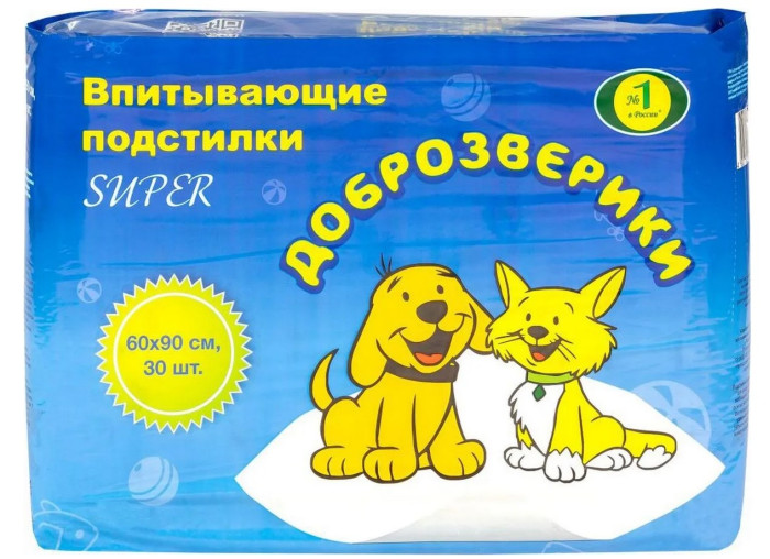 

Доброзверики Подстилки впитывающие одноразовые для животных Super 90х60 см 30 шт., Подстилки впитывающие одноразовые для животных Super 90х60 см 30 шт.