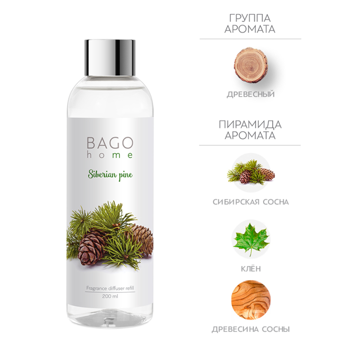 BAGO home  Наполнитель и фибровые палочки для ароматического диффузора Сибирская сосна