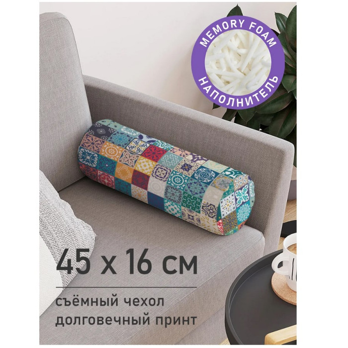 JoyArty Декоративная подушка валик на молнии Плитка с цветочными узорами 45 см