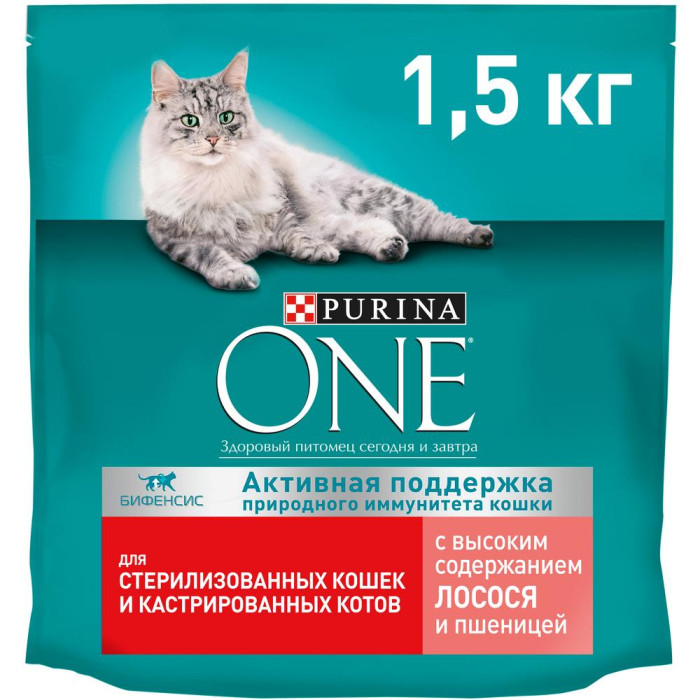 фото Purina one сухой корм для стерилизованных кошек и кастрированных котов лосось и пшеница 1.5 кг