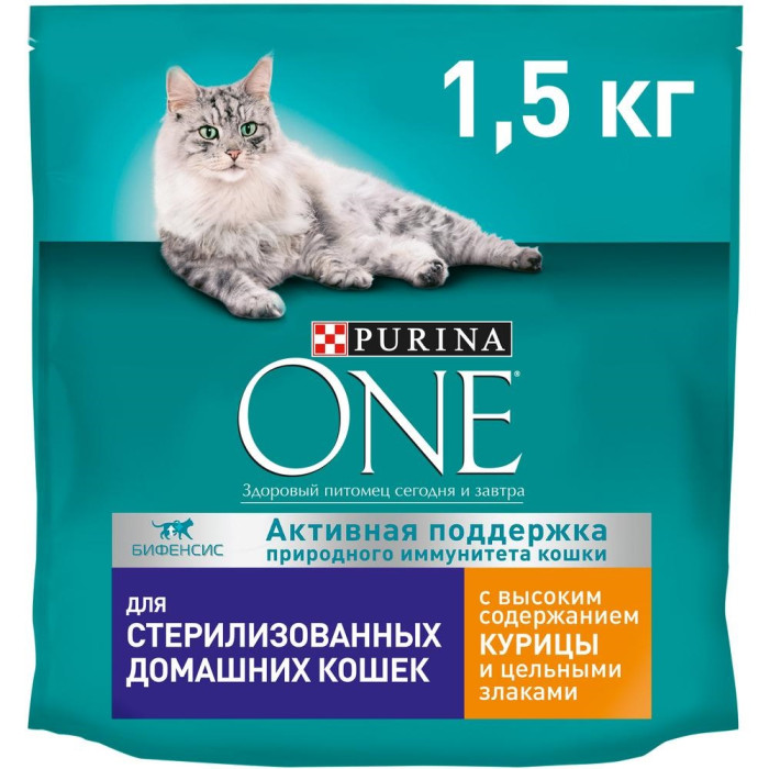 фото Purina one сухой корм для стерилизованных кошек и кастрированных котов курица и злаки 1.5 кг