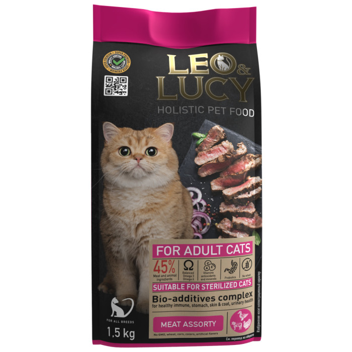 

Leo&Lucy Сухой корм для взрослых кошек мясное ассорти и биодобавки 1.5 кг, Сухой корм для взрослых кошек мясное ассорти и биодобавки 1.5 кг