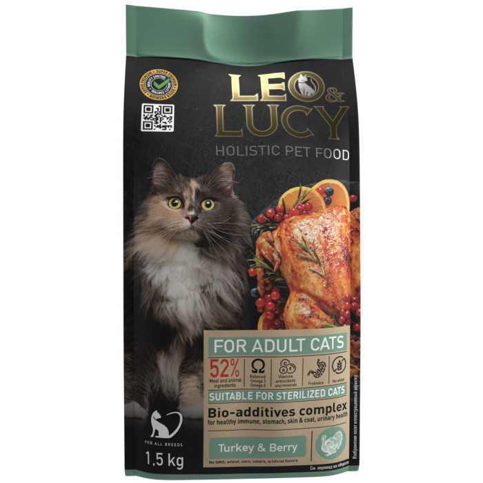 

Leo&Lucy Сухой корм для взрослых кошек с индейкой, ягодами и биодобавками 1.5 кг, Сухой корм для взрослых кошек с индейкой, ягодами и биодобавками 1.5 кг