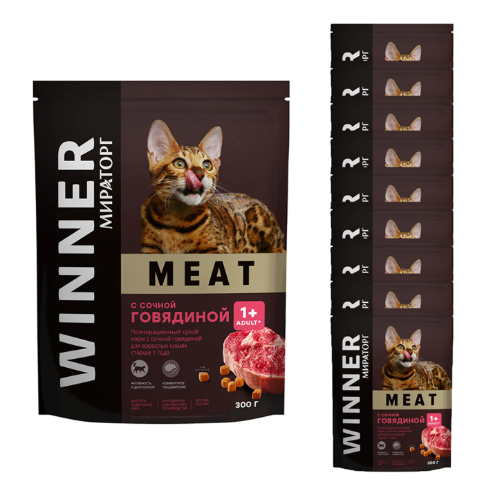 Мираторг Сухой корм для взрослых кошек старше года Meat с сочной говядиной 300 г 10 шт.