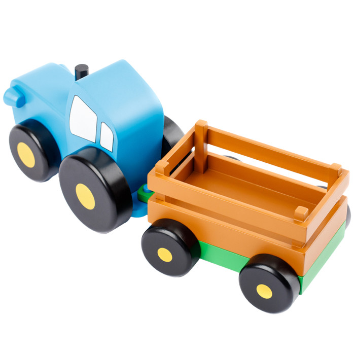 Деревянная игрушка Мультифан Синий трактор средний с прицепом