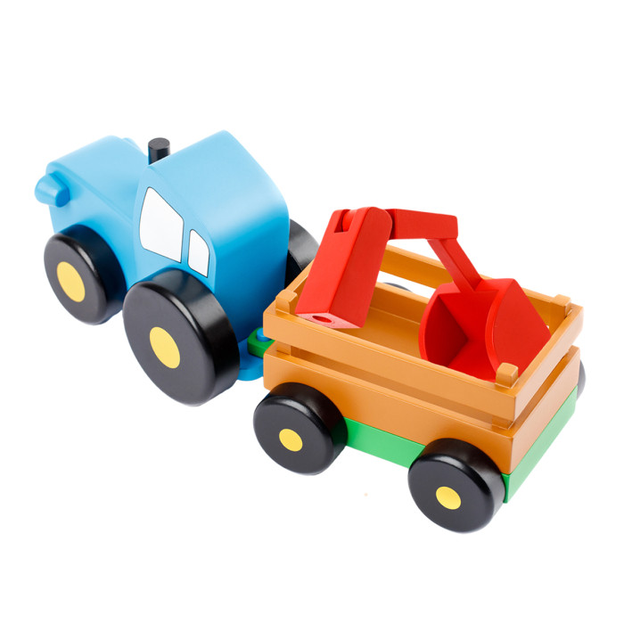 Деревянная игрушка Мультифан Синий трактор малый с прицепом и ковшом
