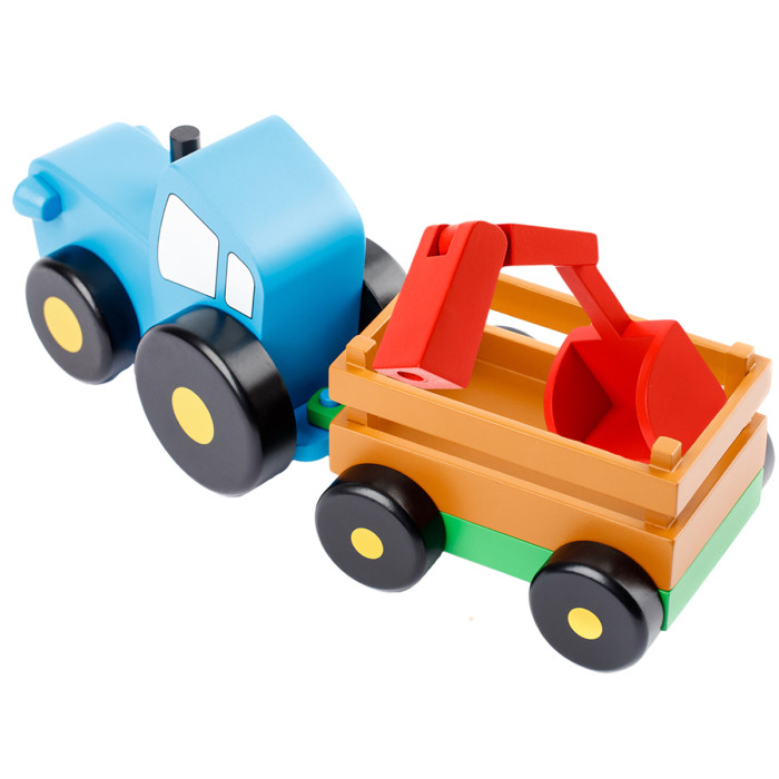 Деревянная игрушка Мультифан Синий трактор средний с прицепом и ковшом