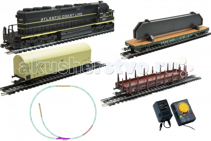Mehano Hobby тепловоз Atlantic с 3-мя вагонамиHobby тепловоз Atlantic с 3-мя вагонами Mehano Hobby тепловоз Atlantic с 3-мя вагонамиHobby тепловоз Atlantic с 3-мя вагонамиЖелезная дорога «MEHANO» - миниатюрная копия грузового состава. Мельчайшие детали паровозов, тепловозов и грузовых вагонов, каждая рельефная линия экстерьера тщательно проработаны, благодаря чему состав выглядит более чем реально. Можно вообразить, как этот состав загрузили где-то на миниатюрном перевалочном пункте, а затем он аккуратно вез свой груз по длинным разветвленным путям… Воплотить воображаемое в действительность очень легко: при желании железнодорожное полотно можно увеличить и добавить элементы ландшафта, ведь все элементы железных дорог «MEHANO» совместимы друг с другом. При желании, можно докупить стрелку/ перекресток и состав может двигаться на другие участки ж/д дороги. Рельсы металлические, колеса паровозов и вагонов из металла, Очень качественная игрушка. Характеристики железной дороги «MEHANO»: • масштаб 1:87; • работает от электрической сети через адаптер – 220 вольт; • возможность изменения скорости движения; • размер собранного железнодорожного полотна: 120 х 95 см; • ширина колеи: 16,5 мм; • все элементы комплекта совместимы с другими сборными моделями железной дороги «MEHANO», так что юный машинист сможет прокладывать различные маршруты, строить новые станции и придумывать неповторимый, свой собственный уникальный ландшафт. В комплекте: • 1 паровоз/тепловоз со светом (Паровоз с тендером) • 3 грузовых вагона различной конфигурации; • 13 радиальных рельс, • 5 прямых рельс, • 1 стрелка • 1 радиальных рельс/контактный • 20 клипс/соединителей, • сетевой адаптер; • пульт-контроллер; • подробная инструкциями по сборке и управлению (с иллюстрациями).<br>