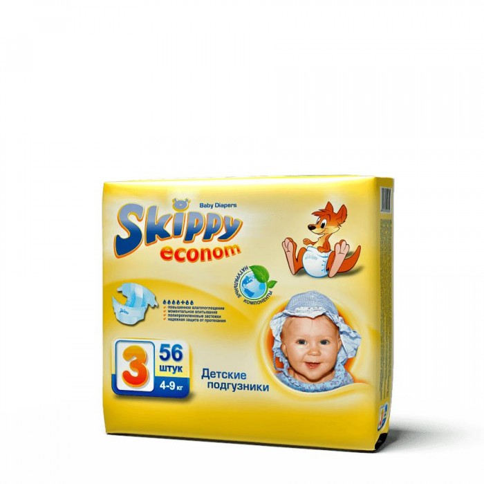 Подгузники Skippy Подгузники Econom р. 3 (4-9 кг) 56 шт. подгузники skippy econom