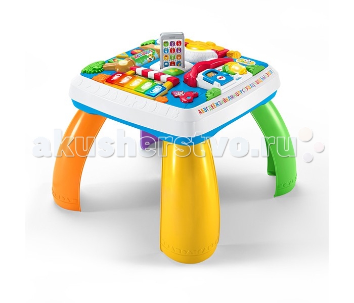 Игровой центр Fisher Price Развивающий столик для малышаРазвивающий столик для малыша Игровой центр Fisher Price Развивающий столик для малышаРазвивающий столик для малышаFisher-Price Развивающий столик для малыша Многофункциональная развивающая игрушка для малыша из серии «Смейся и учись» станет отличным помощником мамам и папам в обучении и раннем развитии ребенка. Игрушка сборная, её можно смонтировать как столик, а можно, сняв ножки, использовать как игровую поверхность, если малыш еще не научился ходить. Поверхность стола разделена на несколько обучающих игровых зон – пианино, телефон, ноутбук, книга. Все элементы оснащены световыми и звуковыми эффектами. Батарейки, необходимые для работы игрушки, входят в комплект набора (3хАА, «пальчиковые»). В случае необходимости их можно заменить на новые. Столик крепкий и устойчивый, его можно использовать в качестве опоры для малыша, который только учится вставать на ножки, не опасаясь, что он опрокинется. Игрушка легко собирается и разбирается, изготовлена из высококачественного, безопасного для здоровья пластика.<br>