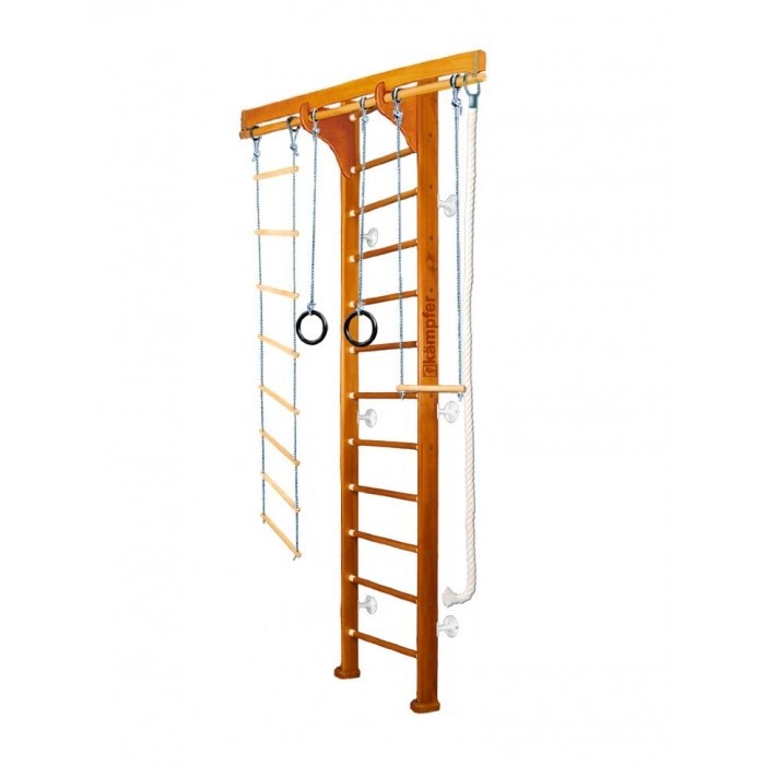 Kampfer Домашний спортивный комплекс Wooden Ladder WallДомашний спортивный комплекс Wooden Ladder Wall Kampfer Домашний спортивный комплекс Wooden Ladder WallДомашний спортивный комплекс Wooden Ladder WallKampfer Домашний спортивный комплекс Wooden Ladder Wall Особенности: Используются стойки из сосны Используются ступени из березы Используется итальянское покрытие Coatings Italia S.p.a. Конструкция выполнена из натурального дерева, все края деталей немного скруглены обеспечивая большую безопасность для ребенка. Используется компактная разборная конструкция, которая позволяет перевозить его даже в легковом автомобиле Конструкция выполнена из натурального дерева, все края деталей немного скруглены обеспечивая большую безопасность для ребенка. Крепление: к стене - универсальный и надежный вариант крепления. Можно использовать для помещений с подвесными и натяжными потолками. Не подходит при хрупких и гипсокартонных стенах , для них лучше подойдут модели с креплением враспор. Особенностью моделей Kampfer является шесть креплений к стене, в отличие от обычных пристенных моделей, у которых только четыре крепления. Увеличение количества креплений до шести обеспечивает самые надежные и максимально безопасные занятия на дск Kampfer. Комплектация: шведская стенка канат кольца верёвочная лестница трапеция Высота шведской стенки: 2,43 м Ширина шведской стенки: 64 см Ширина стойки лестницы : 10 см Длина перекладины для навесного оборудования : 1,60 м Размер выступа от стены: 45 см Размер крепления к стене: 10 см Допустимая нагрузка: 120 кг Размеры: 1,60 х 0,45 м<br>