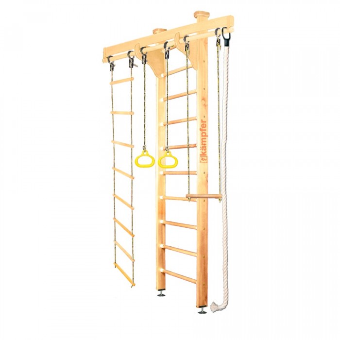 Kampfer Домашний спортивный комплекс Wooden Ladder CeilingДомашний спортивный комплекс Wooden Ladder Ceiling Kampfer Домашний спортивный комплекс Wooden Ladder CeilingДомашний спортивный комплекс Wooden Ladder CeilingKampfer Домашний спортивный комплекс Wooden Ladder Ceiling Особенности: Используются стойки из сосны Используются ступени из березы Используется итальянское покрытие Coatings Italia S.p.a. Используется компактная разборная конструкция, которая позволяет перевозить его даже в легковом автомобиле Конструкция выполнена из натурального дерева, все края деталей немного скруглены обеспечивая большую безопасность для ребенка. Крепление враспор между потолком и полом удобно тем, что подходит для любых стен, и комплекс можно передвигать с места на место. Но потолок не должен быть из хрупких материалов, таких как гипсокартон (навесные) и вагонка, для них лучше подойдут пристенные модели. Комплектация: шведская стенка канат кольца верёвочная лестница трапеция Высота шведской стенки: 2,71 м Длина шведской стенки: 64 см Ширина стойки лестницы : 10 см Длина перекладины для навесного оборудования: 1,60 м Размер выступа от стены: 45 см Допустимая нагрузка: 120 кг<br>