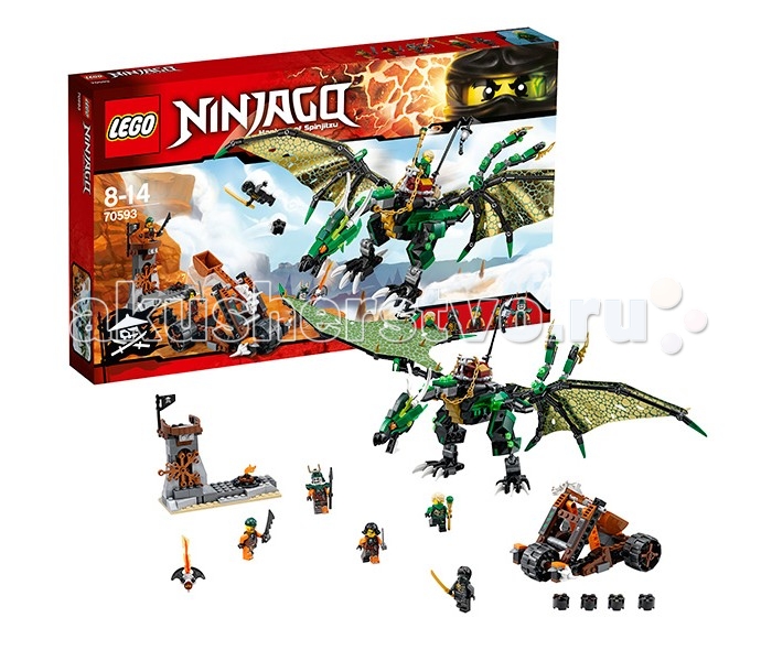 Конструктор Lego Ninjago 70593 Лего Ниндзяго Зеленый ДраконNinjago 70593 Лего Ниндзяго Зеленый Дракон Конструктор Lego Ninjago 70593 Лего Ниндзяго Зеленый ДраконNinjago 70593 Лего Ниндзяго Зеленый ДраконLego Ninjago 70593 Лего Ниндзяго Зеленый Дракон 567 деталей Ллойд должен сразиться с Дублоном и его экипажем Воздушных Пиратов, чтобы вернуть джинн-клинок. В битве ему помогает Коул-призрак и, конечно же, огромный дракон Ллойда! Орудие пиратов - трехколесная катапульта, выполненная из коричневых, черных и оранжевых деталей. Также, катапульта украшена деталью в виде рогатого черепа. Укрепление пиратов состоит из костра и башни, вход в которую закрыт отодвигающейся веткой. Дракон Ллойда выглядит очень здорово - он собирается из деталей различных оттенков зеленого цвета, а его крылья выполнены из качественного материала, золотого с одной стороны и темно-зеленого с другой. Дракон очень подвижный - у него двигается голова, шея, хвост, крылья, когти на ногах, сгибаются колени. Голова дракона детализирована, пасть открывается и закрывается. Хвост дракона раздвоенный, на его концах закреплены лезвия и стреляющие шутеры. На спине дракона закреплено седло, в котором и сидит Ллойд. Ниндзя управляет драконом с помощью поводьев, сделанных из массивной золотой цепи. За седлом находится столбик с фонарем. Основные функции и состав набора: 5 мини-фигурок: Ллойд в пиратском обмундировании, Призрачный Коул в пиратском обмундировании, Букко, Сирен и Батл Дублон Оружие: золотой меч Коула, меч небесных пиратов, обычный меч, копье и Джинн-клинок Дракон очень подвижный; хвост состоит из множества шарнирных соединений Тканевые крылья с двусторонней окраской На хвосте закреплены стреляющие шутеры В комплекте - пиратская катапульта и укрепление с наблюдательной вышкой Количество деталей: 567 Возраст: 8-14 лет<br>