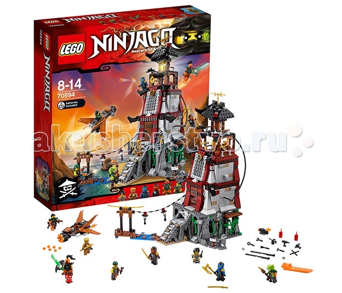 Конструктор Lego Ninjago 70594 Лего Ниндзяго Осада маякаNinjago 70594 Лего Ниндзяго Осада маяка Конструктор Lego Ninjago 70594 Лего Ниндзяго Осада маякаNinjago 70594 Лего Ниндзяго Осада маякаLego Ninjago 70594 Лего Ниндзяго Осада маяка 767 деталей Джей и Ния закрепились на маяке Доктора Джульена и должны отбить атаку Воздушных Пиратов, снова победив Надакхана. Для этого им придется использовать все свои навыки ниндзя! Для атаки пираты используют самолет, оснащенный скорострельным пулеметом. Маяк - большое здание, которое собирается из серых, коричневых, черных и красных деталей. Одна из главных особенностей маяка - светящаяся деталька в верхней его части. Если нажать на крышу, фонарь маяка будет светиться, совсем как настоящий! Здание раскрывается для удобства игры. Во время атаки пиратам будет не так-то просто прорваться внутрь здания, ведь маяк оснащен множество ловушек. Одна из ловушек находится на лестнице - отодвиньте штырек с лианой (слева) и часть ступенек провалится, а противник попадет в ловушку. На втором этаже, за закрытой дверью, расположено пружинной орудие. Еще выше есть специальная комната, с люком, замаскированным под часть стены. Если его открыть, опрокинется тележка с боеприпасами и на врагов свалятся бомбы. Маяк трехэтажный, со множеством комнат. На первом этаже расположена лаборатория и тюремная камера. На втором этаже - комната с пружинной пушкой и ремонтная мастерская. На третьем - кабинет (обратите внимание на стол - если его перевернуть, будет видно спрятанное под ним оружие) и комната с ловушкой. Еще выше находится комната с лампой джинна, из которой виден огонь. Пролет над лампой украшен золотыми клинками. В этом наборе множество мелких деталей и аксессуаров, антураж комнат и пространство перед маяком продуманы и детализированы. Еще один плюс - большое количество минифигурок, многие из которых редкие или уникальные. Сам маяк выглядит очень здорово и внушительно. Основные функции и состав набора: 8 мини-фигурок: Ния и Джей в пиратском обмундировании, Эхо Зейн, Батл Кланс, Надакан, Боевой Флинтлок, Скиффи и робот Тай-Ди. В комплекте: многоуровневый маяк и небесный пиратский самолет Оружие и аксессуары: джинн-клинок, динамит, шприц, гаечный ключ, дрель, увеличительное стекло, масляный котел, чайник и плита и многое другое Множество комнат в маяке Фонарь маяка загорается Здание маяка раскрывается для удобства игры Различные ловушки - скрытый люк, из которого на врагов сыпятся бомбы, исчезающие пролеты лестницы, скрытая пружинная пушка Количество деталей: 767 Возраст: 8-14 лет<br>