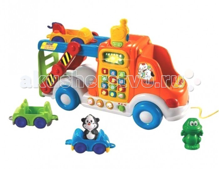 Vtech Веселый автовоз 80-049726Веселый автовоз 80-049726 Vtech Веселый автовоз 80-049726Веселый автовоз 80-049726Развивающая игрушка Vtech Веселый автовоз - это настоящий игровой центр для детей от 2-х лет. В набор входят 6 интерактивных предметов и рация. В комплекте: Большая машина каталка-автовоз; 3 фигурки говорящих животных; 3 машинки, которые можно соединять между собой (джип, легковая машинка и тягач); Рация (имеет 2 режима громкости и световые эффекты). Развивающая игрушка имеет 3 режима обучения: животные, формы и цифры. Кроме этого, ребенок познакомится с животными и с видами машин, которые входят в комплект. Автовоз можно использовать как каталку либо везти за собой на веревке. Фигурки животных умеют говорить: если ребенок посадит одну из фигурок животных на место водителя, то включается режим знакомства с этим животным, оно представляется малышу и поет забавную песенку. Рация в автовозе имеет световые эффекты и 2 режима громкости звука.<br>