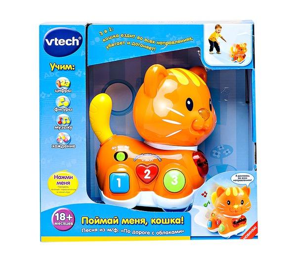 Развивающая игрушка Vtech Поймай меня Кошка 80-122926Поймай меня Кошка 80-122926 Развивающая игрушка Vtech Поймай меня Кошка 80-122926Поймай меня Кошка 80-122926Развивающая игра Vtech Поймай меня Кошказабавляет малыша игрой в прятки или догонялки: она может как догонять ребенка, так и убегать от него. Перемещается в трех направлениях. Игровой режим сменяет обучающий – кошка расскажет о геометрических фигурах и научит считать. В процессе игры нос веселой кошки светится, а еще она забавно крутит своим хвостом. А веселая песенка из мультфильма По дороге с облаками в исполнении кошки обязательно понравится малышу.<br>