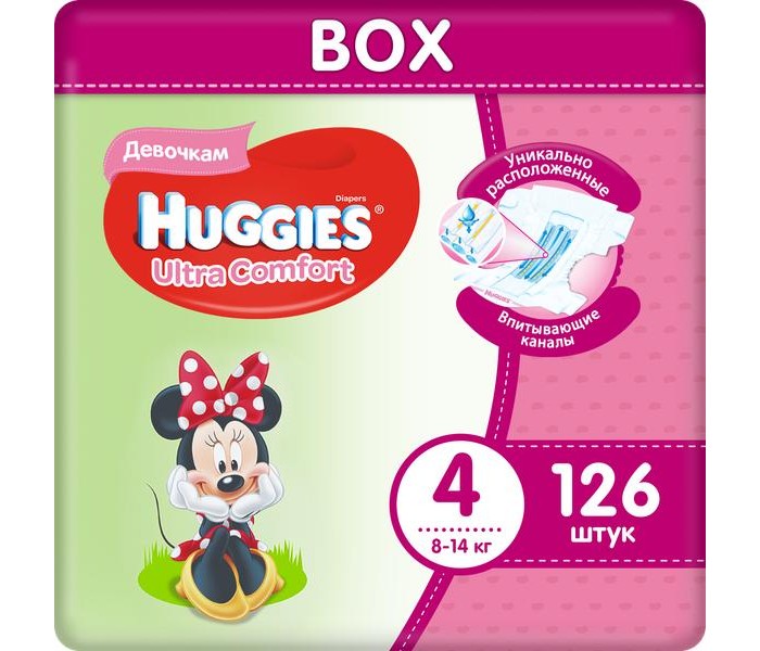 Huggies Подгузники Ultra Comfort Disney Box для девочек 4 (8-14 кг) 126 шт.Подгузники Ultra Comfort Disney Box для девочек 4 (8-14 кг) 126 шт. Huggies Подгузники Ultra Comfort Disney Box для девочек 4 (8-14 кг) 126 шт.Подгузники Ultra Comfort Disney Box для девочек 4 (8-14 кг) 126 шт.Вес ребенка: 8-14 кг Кол-во в упаковке: 126 шт. Подгузник №1 по Комфорту Подгузники Huggies® Ultra Comfort созданы специально для мальчиков и для девочек - чтобы им было удобно и комфортно в любой ситуации. Преимущества: Уникально расположенные впитывающие каналы. Быстро распределяют жидкость для уменьшения набухания и провисания подгузника там, где необходимо девочкам– ближе к центру. Уникальный впитывающий слой. Быстро впитывает и расположен там, где необходимо девочкам. Яркие герои Disney. Два замечательных дизайна Disney© в каждой упаковке, где от размера к размеру Baby-Minnie растет вместе с малышкой. Анатомическая форма подгузника между ножками. Для лучшего ощущения комфорта. Эластичный поясок и эластичные застёжки для комфортного прилегания.<br>