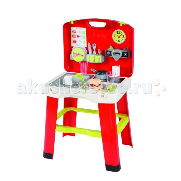 Smoby Кухня в чемоданчикеКухня в чемоданчике Smoby Кухня в чемоданчикеКухня в чемоданчикеSmoby Кухня в чемоданчике занимает мало места и её удобно брать с собой на дачу, в гости или на море. Чтобы сложить кухню в чемоданчик, нужно открутить ножки, положить их в чемодан и закрыть крышку. Такую компактную игрушку удобно хранить даже в самой маленькой комнате. Особенности: маленькая раковина для мытья кухонных аксессуаров плита с грилем и конфоркой полочки для посуды набор посуды для двух персон: стаканы, чашки, тарелки, ножи, вилки, ложки разделочный столик для приготовления салатов и бутербродов ковшик с крышкой<br>