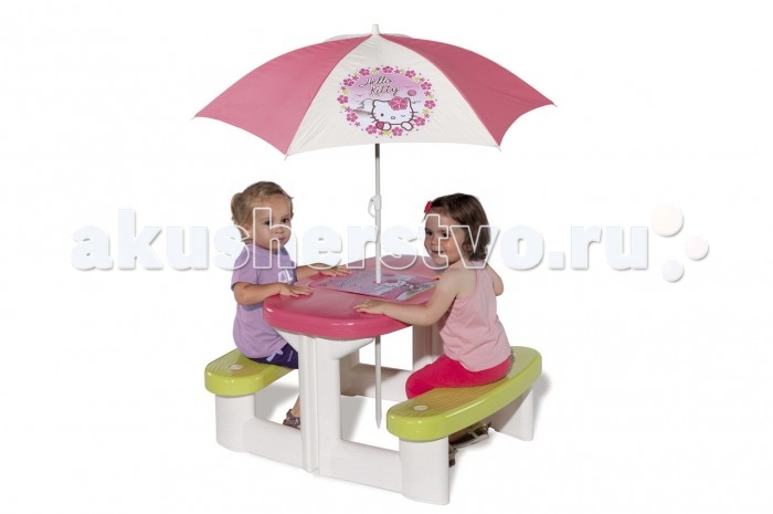 Smoby Столик дл пикника с зонтиком Hello KittyСтолик дл пикника с зонтиком Hello Kitty Smoby Столик дл пикника с зонтиком Hello KittyСтолик дл пикника с зонтиком Hello KittySmoby Столик дл пикника с зонтиком Hello Kitty точно понравитс вашей малышке. Особенности: Столик и две скамеечки представлт собой единое целое. На самом столике имеетс настольна игра-бродилка с приклченими кошечки Китти, дл игры прилагатс 2 игральных кубика и 2 фишки. Столик можно установить как дома, так и на улице. Чтобы защитить ваших детей от палщего солнца или мелкого дождика, в центр можно установить симпатичный тканевый зонтик с изображением Hello Kitty. Конструкци выполнена из упрочненной пластмассы, не выгорает и выдерживает мороз до - 18 градусов. Размер стола: 74 x 80 x 47 см<br>