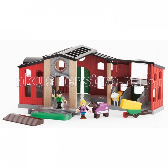 Brio Игровой набор Horse stable с открывающейся конюшней 12 элементовИгровой набор Horse stable с открывающейся конюшней 12 элементов Brio Игровой набор Horse stable с открывающейся конюшней 12 элементовИгровой набор Horse stable с открывающейся конюшней 12 элементовИгровой набор Horse stable состоит из 12 элементов: фигурки человечков и животных, большая конюшня и дополнительные аксессуары для работы с лошадьми и ухода за ними. Каждая фигурка человечка совместима с фигуркой лошади. В самой конюшне есть 2 этажа, на первом - стойло для лошадей, второй этаж еще необходимо достроить. Он выглядит как большой склад. К воротам конюшни подходят железнодорожные пути. В комплекте набора представлены элементы ж/д полотна, они подходят к деревянным дорогам Brio (приобретаются отдельно). В комплекте: 2 фигурки людей; 2 фигурки лошадок; Конюшня; Аксессуары (всего 12 элементов). Особенности: Размеры: 34.3 x 26.7 x 16.5 см<br>