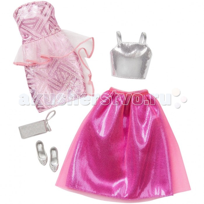 

Barbie Комплект одежды для кукол Барби. Розовое платье, белый топ и красная юбка
