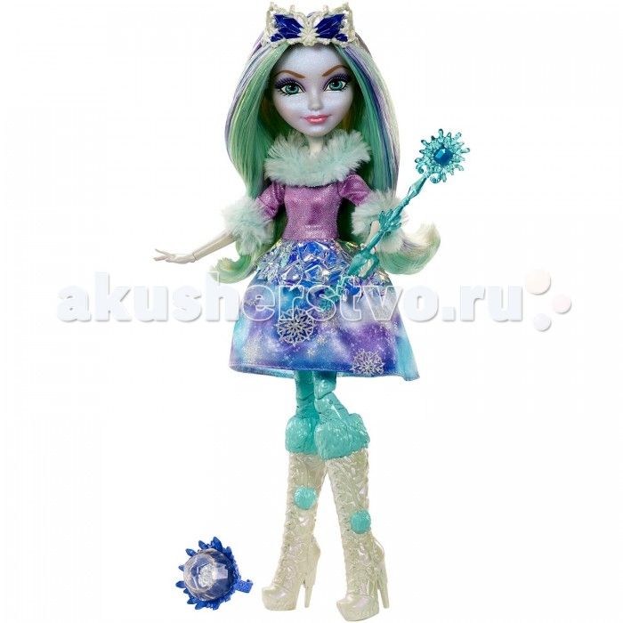Ever After High Кукла Кристал ФинтерКукла Кристал Финтер Ever After High Кукла Кристал ФинтерКукла Кристал ФинтерКукла Ever After High Кристал Финтер – дочка Снежной королевы. Она одета в сказочный зимний наряд. Лиловая блузка переливается блестками, меховой воротник и рукава с зеленоватым отливом хорошо дополняют пышную короткую юбку сине-голубого цвета, украшенную блестящими снежинками. Светлые длинные волосы с закрученными кончиками имеют цветные пряди, окрашенные в синий и фиолетовый цвета. Ноги куклы обуты в высокие белые сапожки с бирюзовыми вставками сверху и по бокам. Голову украшает серебристо-синяя тиара. В руке кукла может держать скипетр, входящий в комплект. Также к кукле прилагается карточка. В наборе есть маленький сюрприз для девочек – фиолетовое кольцо детского размера. Высота куклы: 27 сантиметра. Игрушка продается в красочной блистерной упаковке. Рекомендуемый возраст: от 6 лет.<br>