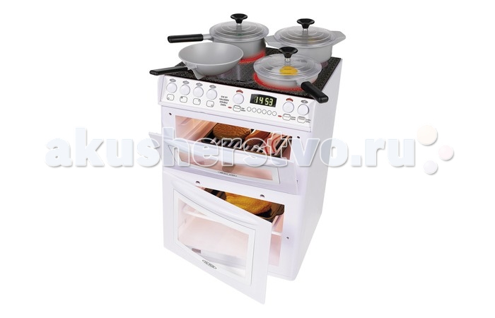 Casdon Игровой набор с кухонной плитойИгровой набор с кухонной плитой Casdon Игровой набор с кухонной плитойИгровой набор с кухонной плитойCasdon Игровой набор с кухонной плитой Плита до мельчайших подробностей повторяет настоящую бытовую технику марки Hotpoint: у неё имеются кнопки включения варочной панели, духового шкафа, функция гриля и дисплей Конфорки на варочной панели подсвечиваются красным светом Если малыш захочет запечь аппетитного цыплёнка, то ему нужно будет поместить противень в духовой шкаф, который также подсвечивается А если маленький повар захочет приготовить блюдо на гриле, то ему нужно будет использовать решётку для гриля В комплекте: плита продукты выполненные из пластика набор посуды противень решётка для гриля Работает: от 3-х батареек типа С (не входят в комплект) Возраст: от 3 лет<br>