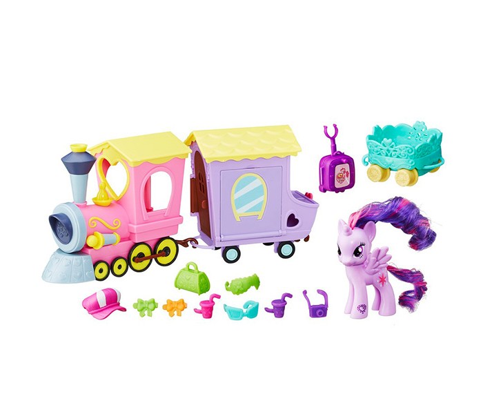 My Little Pony Поезд дружбыПоезд дружбы My Little Pony Поезд дружбыПоезд дружбыПринцесса Сумеречная Искорка (Twilight Sparkle) отправляется в путешествие на поезде! Игровой набор Поезд дружбы состоит из красочного розового паровозика, сиреневого вагончика, небольшого зеленого прицепа, фигурки Искорки и множества очаровательных аксессуаров. Вагончик оснащен откидывающейся крышей и боковой стенкой, а также открывающейся дверью. Среди аксессуаров, прилагающихся к набору, Вы найдете всё, необходимое для веселого отдыха Принцессы Искорки – чемодан, саквояж, модный головной убор, солнцезащитные очки, пару стаканов с прохладительными напитками, фотоаппарат и бантики для украшения хвоста и гривы. Высота фигурки около 8 см, игрушка изготовлена из пластика, грива и хвостик – текстильные. На передней ножке лошадки Вы найдете код в виде сердечка, отсканировав который при помощи мобильного устройства, Вы получите дополнительные игровые возможности в бесплатном приложении My Little Pony Friendship Celebration.<br>