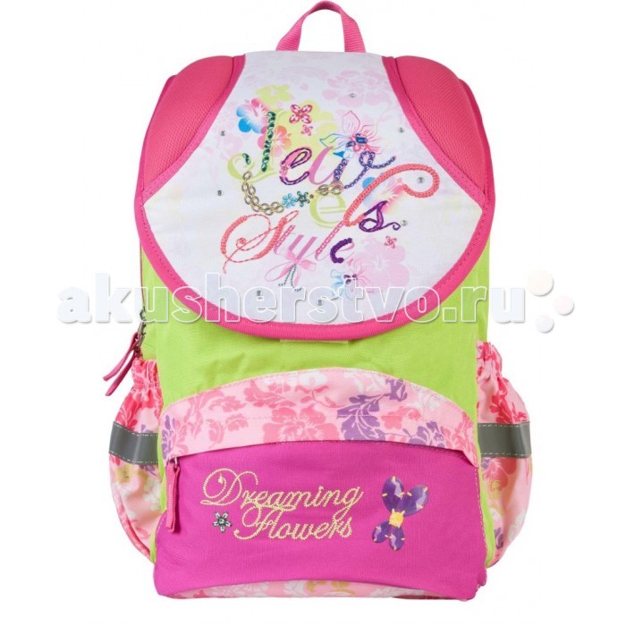 Target Collection Рюкзак Цветы мечтыРюкзак Цветы мечты Target Collection Рюкзак Цветы мечтыРюкзак Цветы мечтыРюкзак Цветы мечты имеет яркий рисунок и изготовлен из современных, прочных материалов. Техническими особенностями рюкзака (портфелей) «Target Collection» является система «Flexiball» (поясничная поддержка), которая оптимально адаптирована для ребенка. Ведь самое главное, чтобы ребенок имел правильную осанку во время переноски портфеля. Система «Flexiball» является новшеством в промышленности, она правильно распределяет вес мешка, автоматически подстраивается под ребенка и поэтому обеспечивает идеальное положение для поясничной поддержки. Во время прогулки, система «Flexiball» движется вместе с ребенком, за счет гибкого материала уменьшает нагрузку при ходьбе. Портфель имеет форму куба, пригодную для учащихся начальных классов. Плечевые лямки можно отрегулировать для каждого ребенка индивидуально, поэтому получается что он «растет» вместе с ребенком. Лямки содержат вентиляционные отверстия и тем самым имеют возможность дышать. Они дополнительно оснащены ЭКО-пеной, которая делает ношение портфеля более комфортным для ребёнка. Рюкзак содержит 2 больших отделения, закрывающегося на молнию. На лицевой стороне рюкзака расположен большой накладной карман на молнии, а по бокам рюкзака два кармана на резинке. Светоотражающий материал присутствует на передней, боковой и задней части рюкзака, что позволяет сделать вашего ребенка более заметным, а так же обезопасить его не только днем, но и ночью. При создании данной модели используются улучшенные материалы (3D), которые имеют свойство «дышать». Благодаря этим материалам воздух циркулирует, и следовательно, спина ребёнка не будет потеть. Дополнительно, имеется грудное крепление-стяжка для фиксации на плечах и поясничное крепление для фиксации на поясе ребенка, они установлены так, чтобы портфель самыми оптимальным образом сидел на на теле ребенка. Правильно используя ремни, вес портфеля распределяется следующим образом: 50% на бедра и 50% на поясничную часть, что ощутимо позволяет уменьшить нагрузку и усилия при ходьбе. Мягкая ручка в верхней части позволяет сделать ношение в руке более удобным и комфортным. Дно портфеля изготовлено из качественного и прочного материала. Внутри вложенные угловые элементы, чтобы не было прямого контакта с грунтом и таким образом, образуется защита от грязи. Материал: полиэстер Размер: 40 x 32 x 16 см<br>