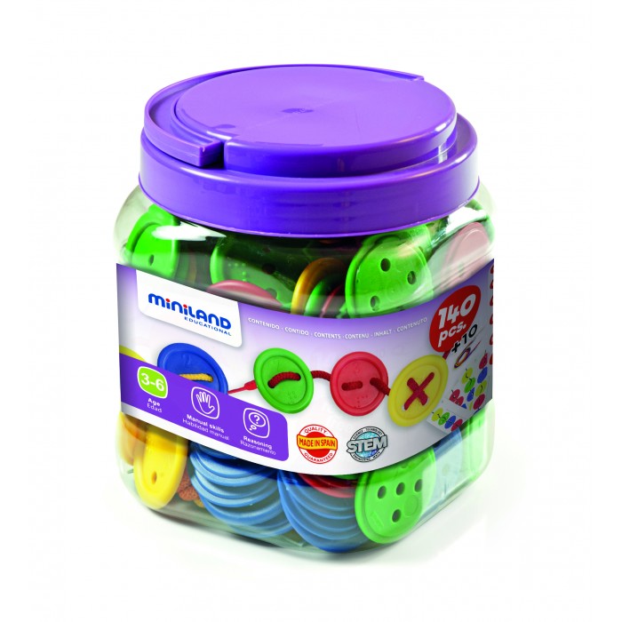 фото Развивающая игрушка Miniland обучающий набор со шнуровкой и пуговицами Lacing Buttons (140 элементов) в контейнере