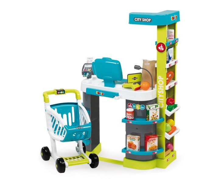 Smoby Супермаркет игровой City Shop свет звукСупермаркет игровой City Shop свет звук Smoby Супермаркет игровой City Shop свет звукСупермаркет игровой City Shop свет звукSmoby Супермаркет игровой City Shop свет звук 350207 Игровой набор City Shop от торговой марки Smoby представляет собой кассу-прилавок со всеми атрибутами настоящего супермаркета. С таким набором ребенок может организовать увлекательную сюжетно-ролевую игру, в которой он может представить себя опытным продавцом или покупателем. В наборе имеются все необходимые предметы для осуществления торговой деятельности. Касса-прилавок имеет несколько полок, на которых расставлены товары для продажи. Покупатель может выбрать товар и положить его в удобную тележку с регулируемой ручкой, на которой расположен замок с монетой для блокировки. В комплекте имеются весы, с помощью которых можно взвешивать продуктовые товары. А также можно их отсканировать, при этом раздастся характерный для этого действия звук. Кроме этого в наборе имеется терминал для приема оплаты через пластиковые карты и различные дополнительные предметы, такие как денежные купюры, монеты, пакеты для упаковки товаров. Размер магазина: 59.5 x 32 x 86 см.<br>