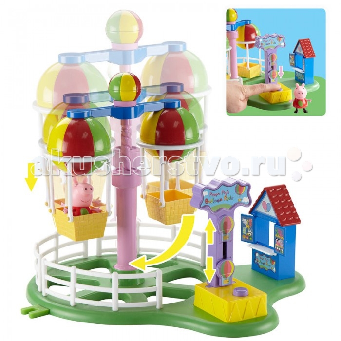 Свинка Пеппа (Peppa Pig) Игровой набор Карусель Луна ПаркИгровой набор Карусель Луна Парк Свинка Пеппа (Peppa Pig) Игровой набор Карусель Луна ПаркИгровой набор Карусель Луна ПаркPeppa Pig Игровой набор Карусель Луна Парк создан по мотивам популярного мультипликационного сериала, который любят дети по всему миру. Особенности: С этим набором ребенок может устроить для любимого персонажа веселый выходной, свинку можно прокатить на карусели которая двигается вверх и вниз и вращается вокруг оси. Также в этом мини парке есть касса для продажи билетов, что сделает игру реалистичней. На карусели два посадочных места, так что компанию веселой свинке Peppa Pig сможет составить любая другая подходящая по размеру игрушка. Размер игровой площадки с опущенной каруселью: 27 х 20 х 17 см. Размер игровой площадки с поднятой каруселью: 27 х 20 х 25 см. Высота фигурки: 5.5 см.<br>