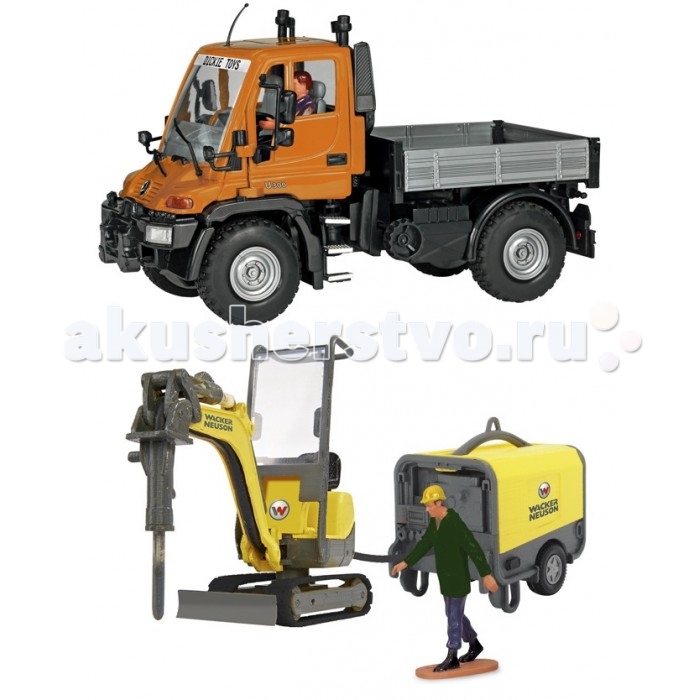 Dickie Набор строительной техники Wacker Neuson 3828005Набор строительной техники Wacker Neuson 3828005 Dickie Набор строительной техники Wacker Neuson 3828005Набор строительной техники Wacker Neuson 3828005Dickie Набор строительной техники Wacker Neuson разнообразит процесс на игровой строительной площадке. Особенности: В комплект входит яркие и функциональные машинки: бульдозер и самосвал с отбойным молотком, а для более реалистичной игры дополнен компрессором и фигуркой строителя. В кабину самосвала можно посадить фигурку строители и имитировать разгрузку строительных грузов – кузов машины поднимается, а борта открываются. Для того, чтобы запустить отбойный молоток необходимо подключить бульдозер к компрессору. Реалистичная игрушка самосвала исполнена с подробной детализацией, кузов модели имеет серый цвет, его можно поднимать и пускать, а борта открывать. Кабина имеет яркий цвет, двери машины открываются, благодаря чему на водительское место можно посадить фигурку в комплекте. 4 подвижные колеса имеют рисунок протектора, что делает машинку ещё более правдоподобной. Грузовик снабжён инерционным механизмом движения, благодаря чему он способен ускоряться, если его слегка откатить назад и отпустить. Бульдозер на вращающейся вокруг своей оси платформе, а отбойный молоток можно поднимать и опускать. Если бульдозер подключить к компрессору, то можно продемонстрировать работу отбойного молотка. С игрушкой дети смогут придумать различные сюжеты для игр, развивая воображение, фантазию и тренируя моторику рук. Исполнено изделие из качественного ударопрочного пластика, используемые красители яркие и нетоксичные. Длина самосвала: 21 см. Высота фигурки рабочего: 7.5 см. Тип батареек: 3 x AA / LR6 1.5V (входят в комплект) Примечание: освещение для компрессора в комплект не входит и приобретается отдельно.<br>