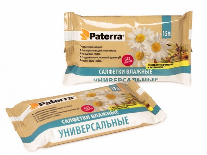 Салфетки Paterra Влажные салфетки с экстрактом ромашки и витамином Е 15 шт. салфетки paterra влажные салфетки хозяйственные 64 шт