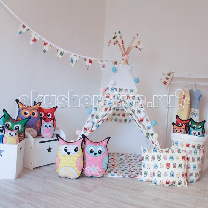 VamVigvam Вигвам Funky Owl с окном и карманомВигвам Funky Owl с окном и карманом VamVigvam Вигвам Funky Owl с окном и карманомВигвам Funky Owl с окном и карманомVamVigvam Вигвам Funky Owl с окном и карманом сделан полностью из натуральных экологичных материалов. Ткань - 100% хлопок высокого качества. Рейки - шлифованная береза. Длина 180 см, диаметр 2,2 см. Скосы на концах реек, отверстия под крепеж ткани в верхней части реек. Высота вигвама в собранном виде 160 см. Основание 110 х 110 см. В комплект вигвама входит: 4 рейки, ткань, веревка, мягкие наклейки на нижнее основание реек, инструкция по сборке. Вес комплекта в упаковке 2,6 кг.<br>