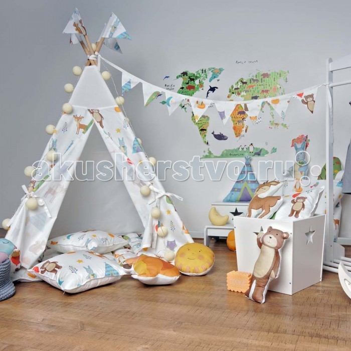 VamVigvam Вигвам Forest PartyВигвам Forest Party VamVigvam Вигвам Forest PartyВигвам Forest PartyVamVigvam Вигвам Forest Party сделан полностью из натуральных экологичных материалов. Ткань - 100% хлопок высокого качества. Рейки - шлифованная береза. Длина 180 см, диаметр 2,2 см. Скосы на концах реек, отверстия под крепеж ткани в верхней части реек. Высота вигвама в собранном виде 160 см. Основание 110 х 110 см. В комплект вигвама входит: 4 рейки, ткань, веревка, мягкие наклейки на нижнее основание реек, инструкция по сборке. Вес комплекта в упаковке 2,6 кг.<br>